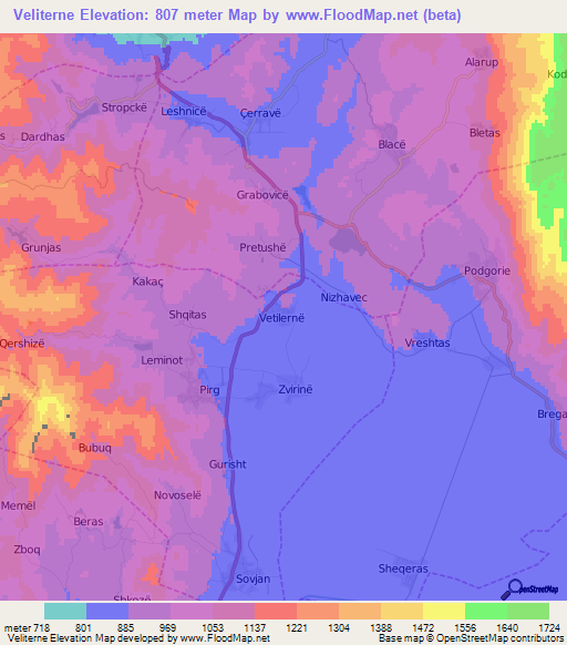 Veliterne,Albania Elevation Map