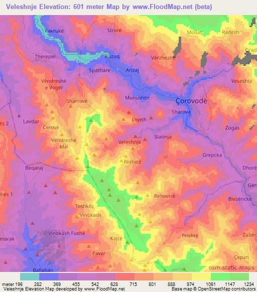 Veleshnje,Albania Elevation Map