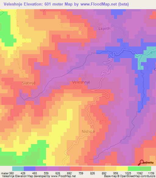 Veleshnje,Albania Elevation Map