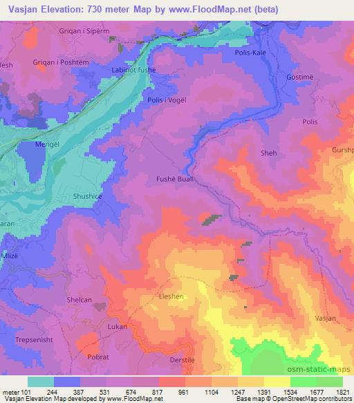 Vasjan,Albania Elevation Map