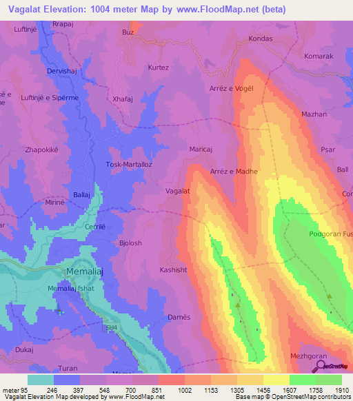 Vagalat,Albania Elevation Map