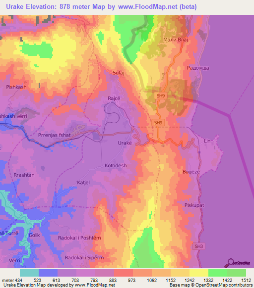 Urake,Albania Elevation Map