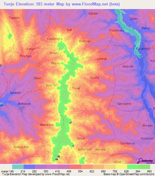 Tunje,Albania Elevation Map