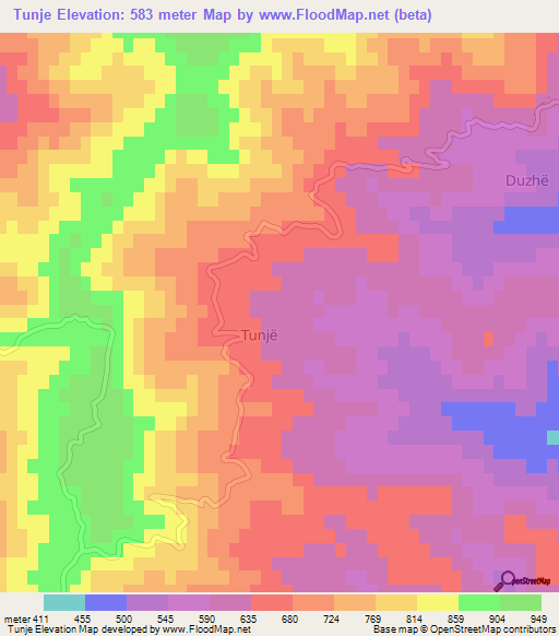 Tunje,Albania Elevation Map