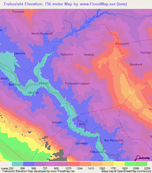 Trebozisht,Albania Elevation Map