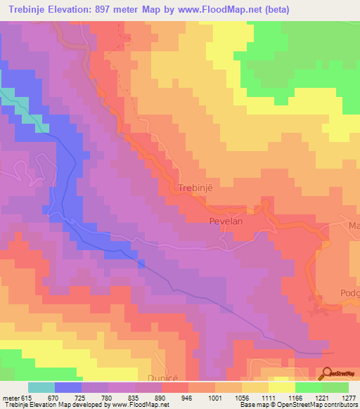 Trebinje,Albania Elevation Map