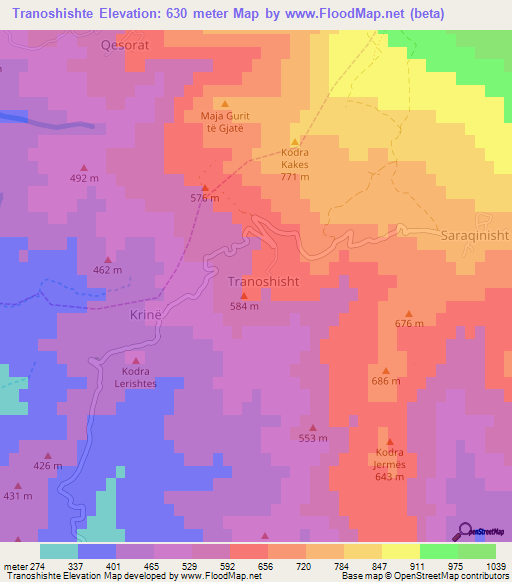 Tranoshishte,Albania Elevation Map