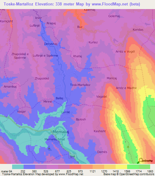 Toske-Martalloz,Albania Elevation Map