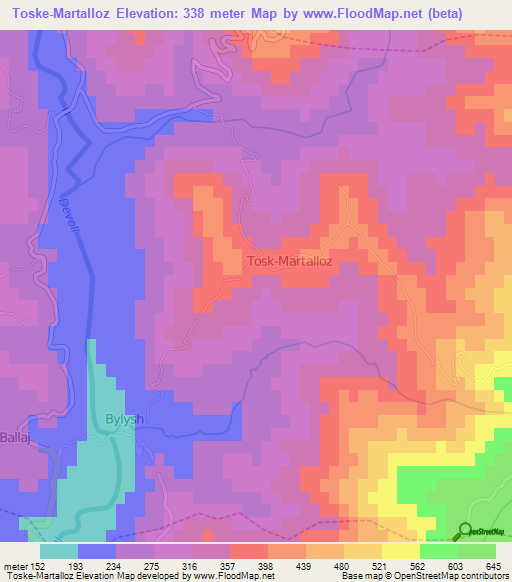 Toske-Martalloz,Albania Elevation Map