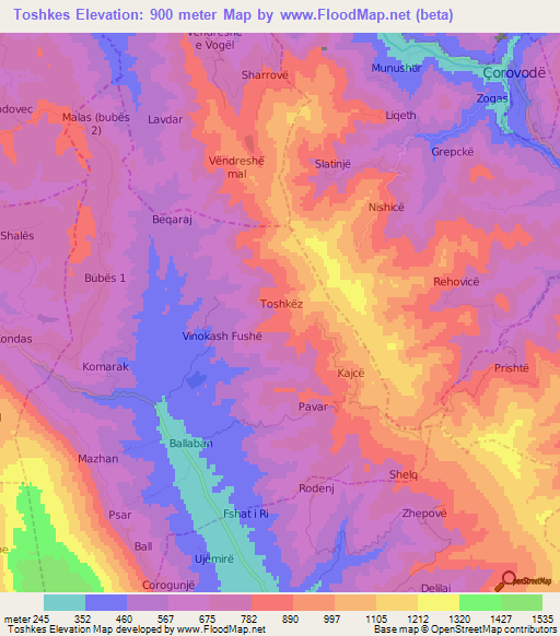 Toshkes,Albania Elevation Map