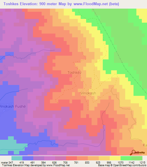 Toshkes,Albania Elevation Map