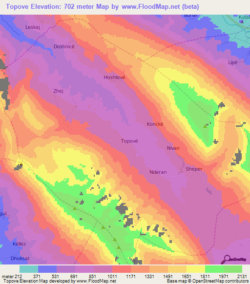 Topove,Albania Elevation Map