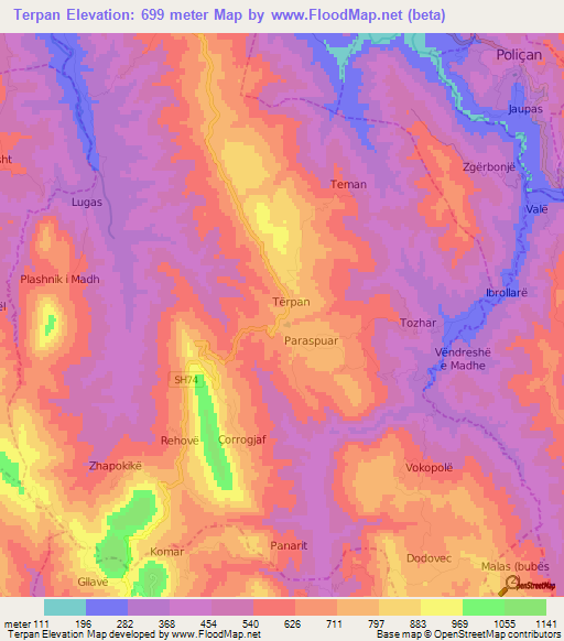 Terpan,Albania Elevation Map