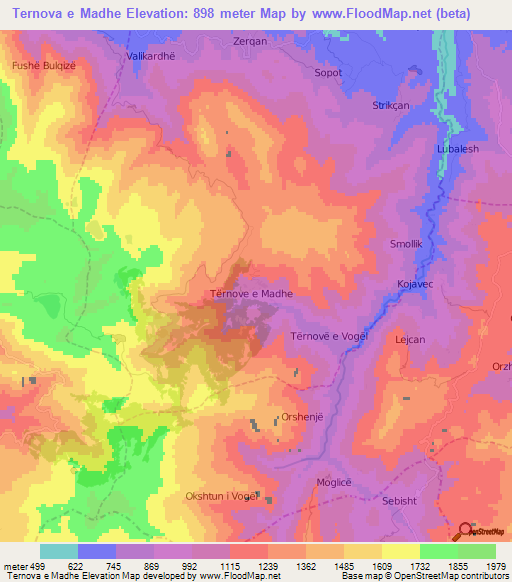 Ternova e Madhe,Albania Elevation Map