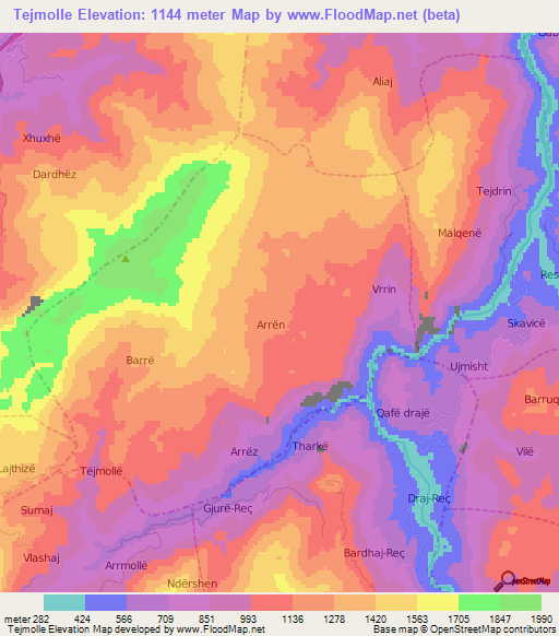 Tejmolle,Albania Elevation Map