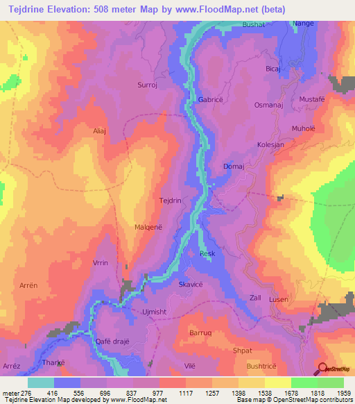 Tejdrine,Albania Elevation Map