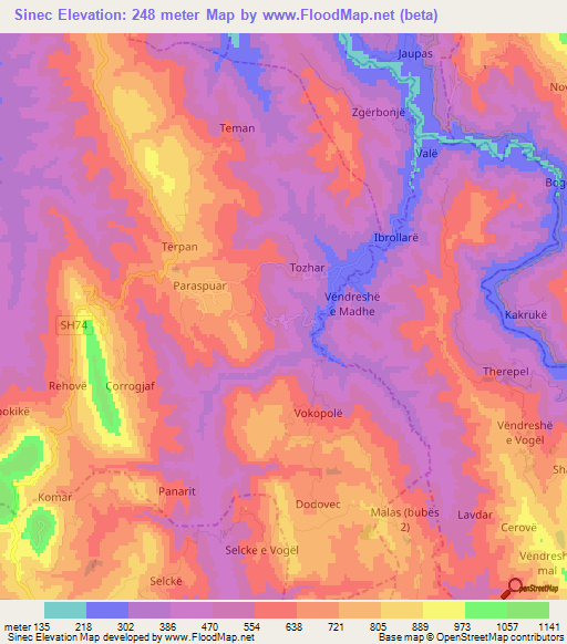 Sinec,Albania Elevation Map