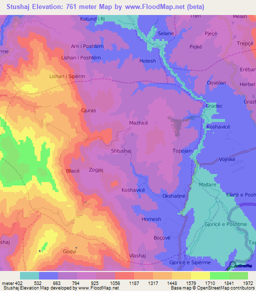 Stushaj,Albania Elevation Map