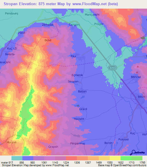 Stropan,Albania Elevation Map