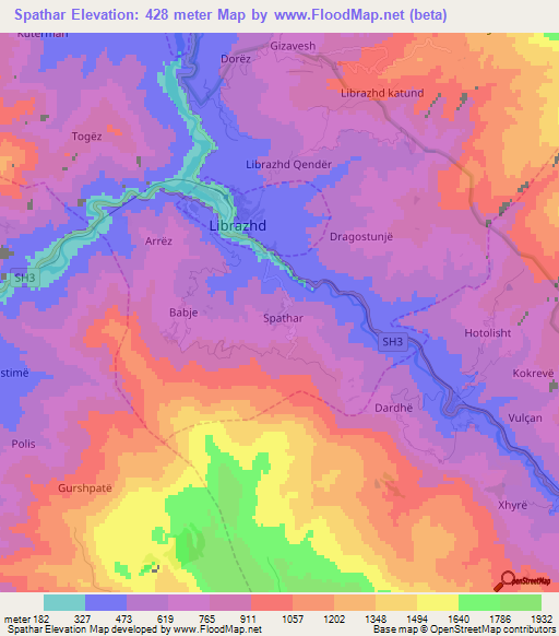 Spathar,Albania Elevation Map