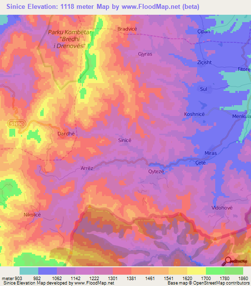 Sinice,Albania Elevation Map