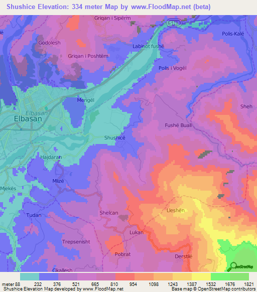 Shushice,Albania Elevation Map