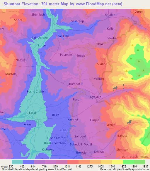 Shumbat,Albania Elevation Map