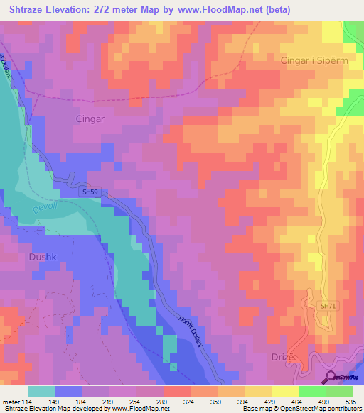 Shtraze,Albania Elevation Map