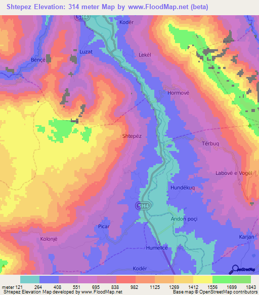 Shtepez,Albania Elevation Map