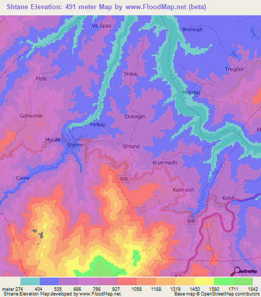 Shtane,Albania Elevation Map