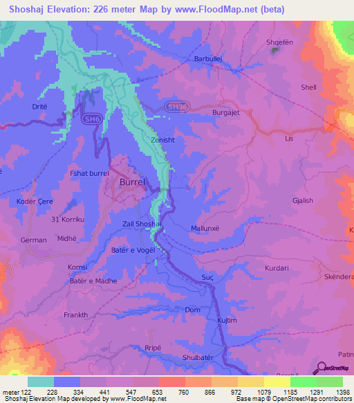 Shoshaj,Albania Elevation Map