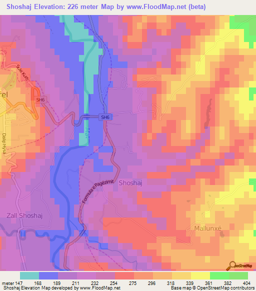 Shoshaj,Albania Elevation Map