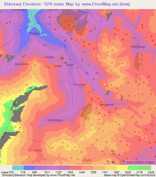 Shkozanj,Albania Elevation Map