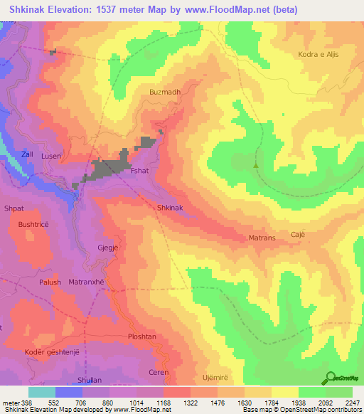 Shkinak,Albania Elevation Map