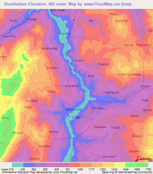 Shenlleshen,Albania Elevation Map