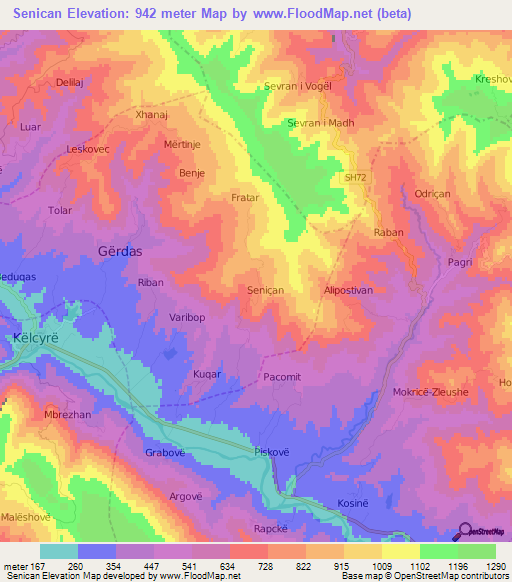 Senican,Albania Elevation Map