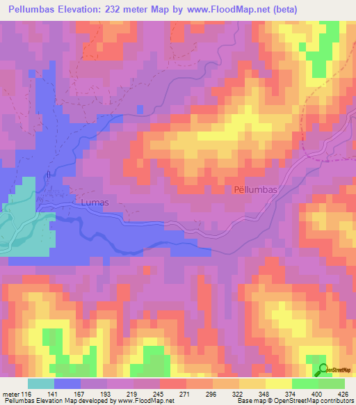 Pellumbas,Albania Elevation Map