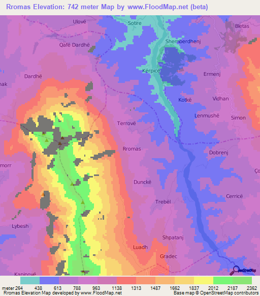 Rromas,Albania Elevation Map