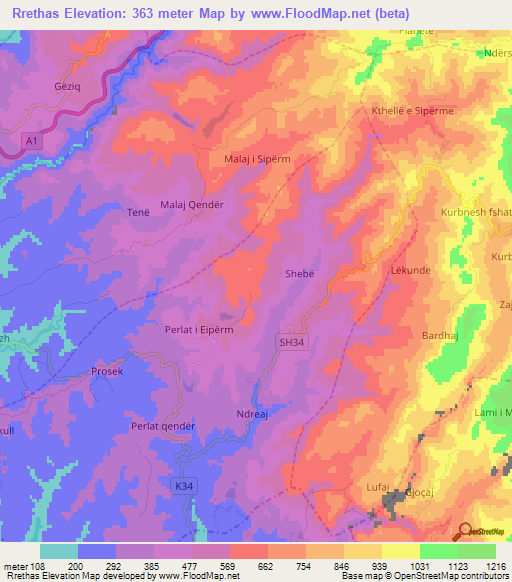 Rrethas,Albania Elevation Map