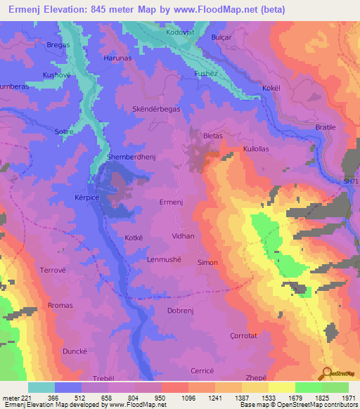 Ermenj,Albania Elevation Map