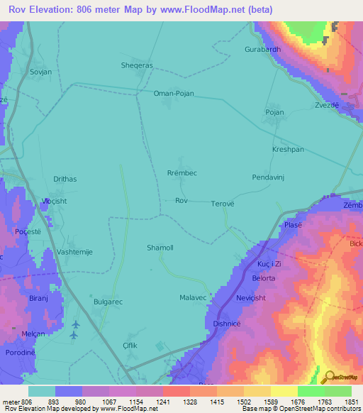 Rov,Albania Elevation Map