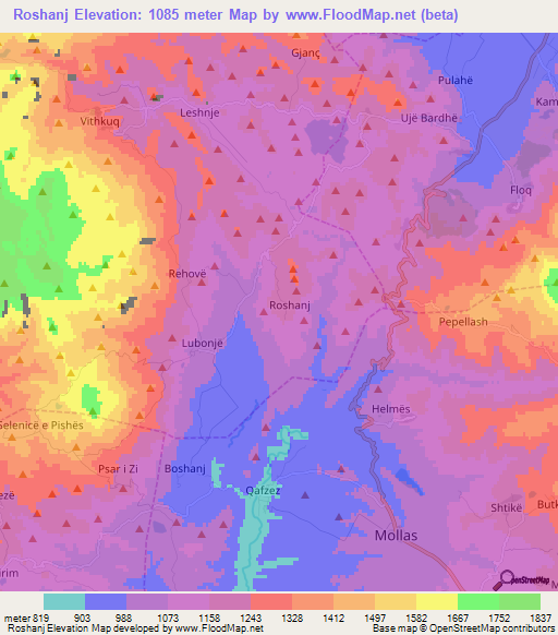 Roshanj,Albania Elevation Map