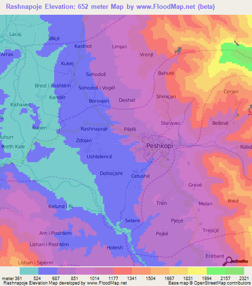 Rashnapoje,Albania Elevation Map