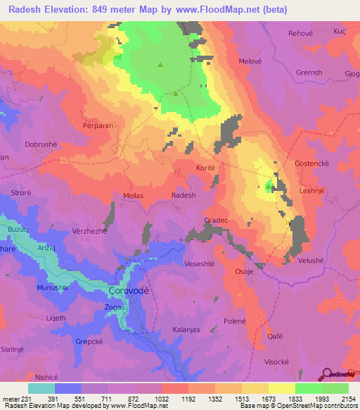 Radesh,Albania Elevation Map