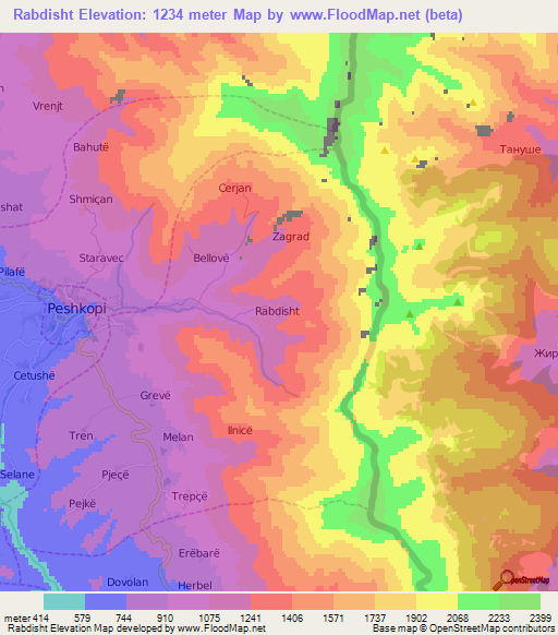 Rabdisht,Albania Elevation Map