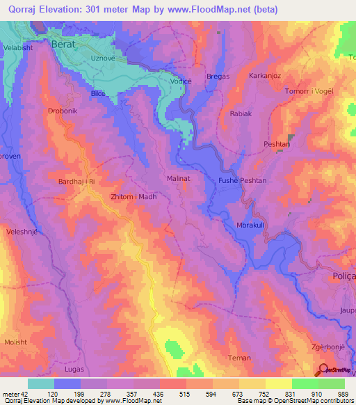 Qorraj,Albania Elevation Map