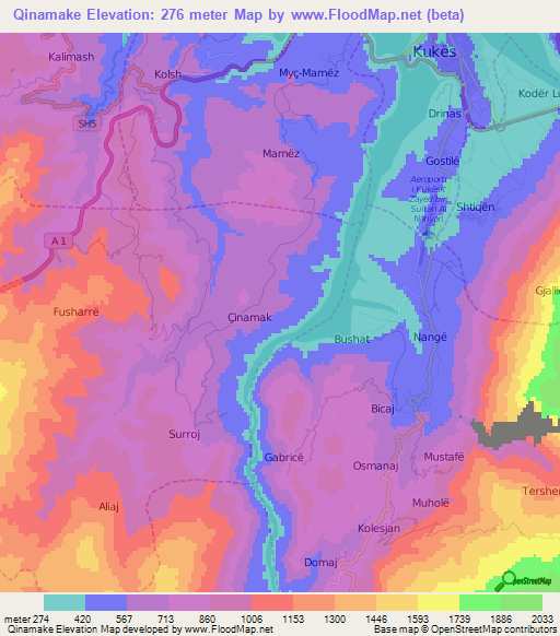 Qinamake,Albania Elevation Map