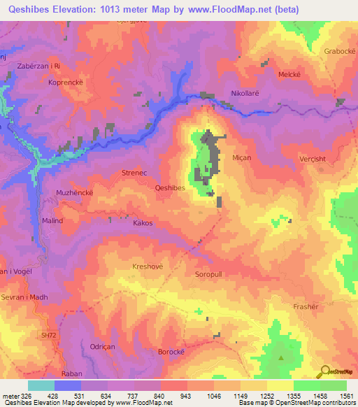 Qeshibes,Albania Elevation Map