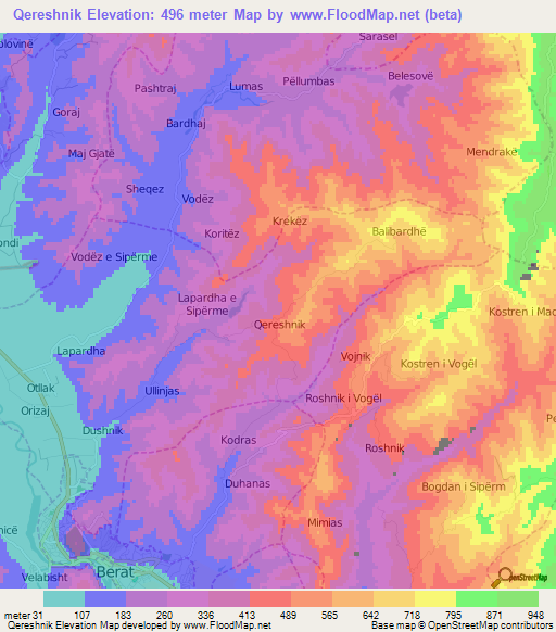 Qereshnik,Albania Elevation Map