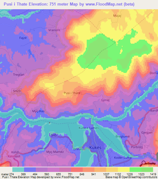 Pusi i Thate,Albania Elevation Map